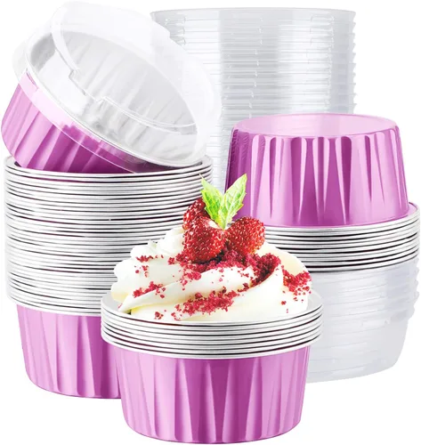 Miniatura 28 de EUSOAR Moldes de Papel de Aluminio para Hornear, 5oz 50 piezas Moldes Reutilizables para Cupcakes con Tapas, 3.34x2.59x2.35 pulgadas 125ml Moldes