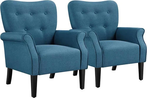 Miniatura 12 de Yaheetech Sillón moderno, silla decorativa de mediados de siglo con patas de madera resistentes y respaldo alto para espacios pequeños, sofá Azul