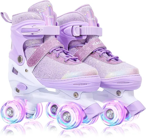 Patines de ruedas para niñas, niños y principiantes, 4 tamaños ajustables con ruedas que se iluminan, patines morados y rosados divertidos e