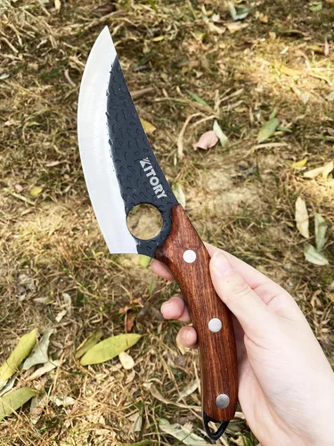 Miniatura 8 de Kitory Cuchillo de carnicero para cortar carne, cuchillo vikingo forjado a mano con mango ergonómico de madera, cuchillo de chef chino de acero