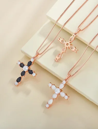 Miniatura 27 de YL Collar de cruz de plata de ley 925 con colgante de piedra natal religiosa para mujer