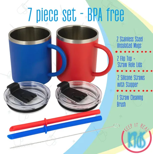 Miniatura 4 de Real Deal Steel "Keep it Real Kids Mugs - Taza de café para niños 100% sin plomo y BPA para chocolate caliente - Juego de 2 Azul / Rojo