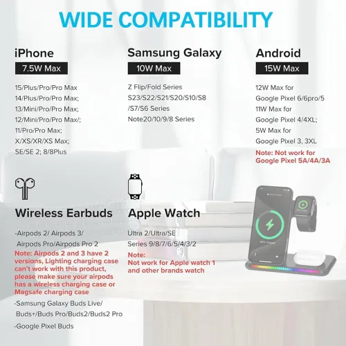 Miniatura 7 de IHAO Estación de carga inalámbrica plegable multifuncional 3 en 1 con luz nocturna LED ambiental, cargador rápido QC3.0 para teléfono, iWatch