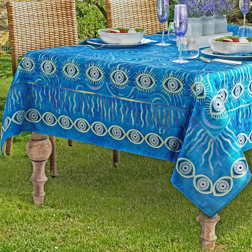 Miniatura 2 de Home Bargains Plus Mantel rectangular de tela de medallón mediterráneo azul de 52 x 70 pulgadas, patrón de islas griegas costeras, resistente a