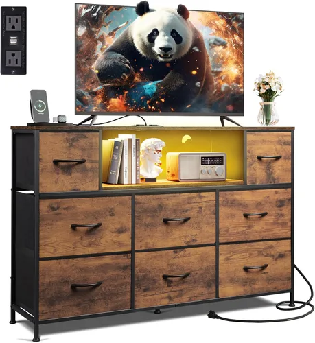 Miniatura 14 de WLIVE - Soporte de TV con cómoda en negro para TV de 45, 50, 55 pulgadas, centro de entretenimiento con luces LED y estación de carga, cómoda con 8