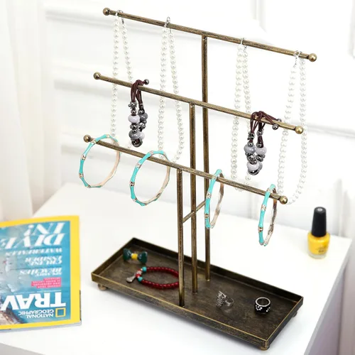 Miniatura 2 de MyGift Moderno organizador de joyas, 3 niveles de latón de metal para mesa, pulsera y collar, almacenamiento de joyas, estante para árbol