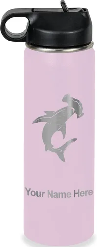 Miniatura 74 de LaserGram Botella de agua personalizada, tiburón martillo, acero inoxidable de doble pared aislada al vacío con popote superior, regalo grabado