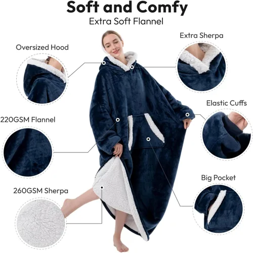 Miniatura 2 de Sioloc - Manta con capucha de gran tamaño para mujeres/niños/hombres, sudadera con capucha de sherpa extragrande y acogedora Azul marino