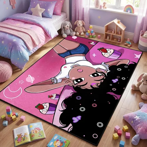 Miniatura 27 de Alfombra de área para dormitorio de niñas negras africanas, alfombra para sala de estar, sala de juegos, azul, lindo anime de dibujos animados