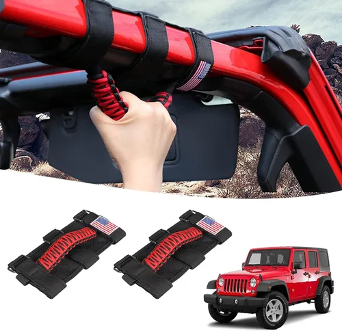 GAIZON Paquete de 2 asas de agarre de barra antivuelco, asas de paracaídas para Jeep Wrangler CJ YJ TJ JL JK LJ JLU JKU Sahara Freedom Rubicon, Rojo