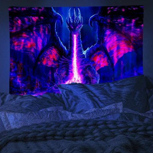 Miniatura 7 de ADDWel Tapiz de luz negra con dragón, tapiz genial de dragón malvado que brilla en la oscuridad, pósteres de luz negra reactivos a UV para colgar