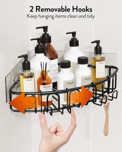 Miniatura 5 de Orimade Organizador de ducha esquinero con 2 ganchos montado en la pared de metal para baño, organizador de almacenamiento, adhesivo, sin Negro mate