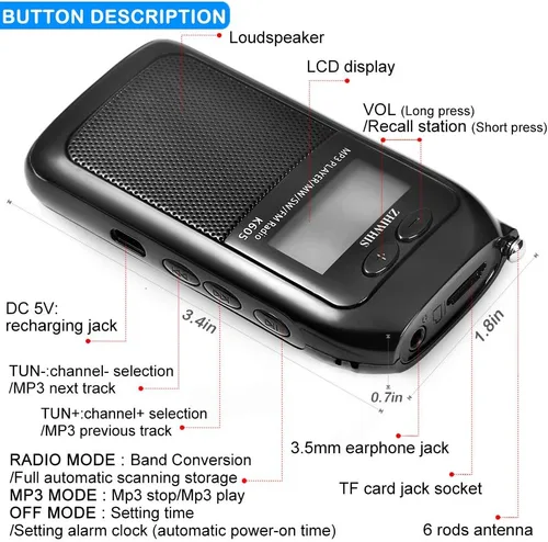 Miniatura 4 de ZHIWHIS Radio portátil, radio FM AM SW transistor estéreo LCD pantalla digital de bolsillo Walkmen Radio MP3 WAV Reproductor Soporte TF Tarjeta