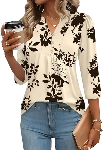 IECCP Blusas de verano de manga 3/4 para mujer, estilo casual, cuello Henley, cuello en V, plisadas, ajuste holgado, blusas de trabajo