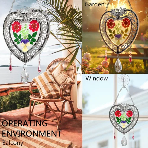 Miniatura 4 de KY&BOSAM Atrapasoles de cristal con forma de corazón, árbol de la vida, paneles de vitrales, colgantes de flores reales para ventanas, hogar