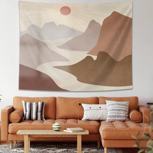 Miniatura 4 de SUOTEMEIFEI Tapiz bohemio de sol de montaña, arte simple, diseño de amanecer, naturaleza, puesta de sol, paisaje, abstracto, estético, decoración
