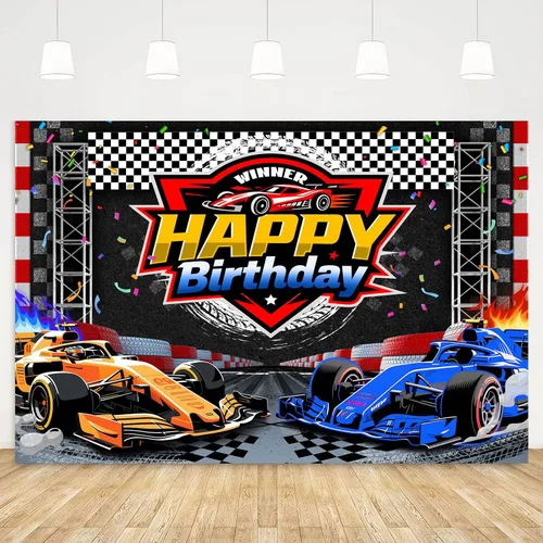 Miniatura 9 de Telón de fondo de feliz cumpleaños de 7 x 5 pies, cartel de fiesta de coche de carreras, pista de carreras, fondo de fotos a cuadros negros