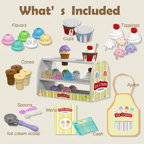Miniatura 2 de Juego de helado para niños - Juguetes de simulación para niñas de 3 a 4 años Comida para mostrador de helados con delantal, cuchara, menú, dinero