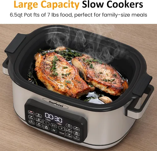 Miniatura 2 de Sunvivi Horno Asador de Cocción Lenta Multi 12 en 1, 6.5QT Plateado Digital Programable con Rejilla, Recipiente Antiadherente Grande Extraíble, Tapa