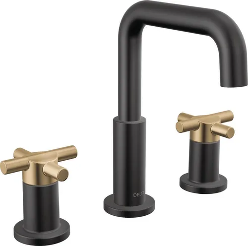 Delta Nicoli - Grifo de baño negro mate/dorado cepillado de 3 agujeros, 8 pulgadas de grifo de lavabo de baño generalizado para tocador, conjunto de