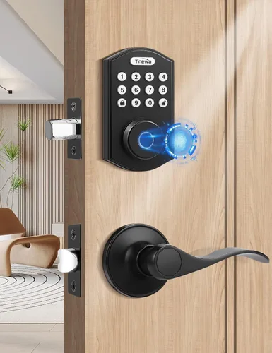 Tinewa Cerradura de puerta de entrada sin llave con manijas de palanca ondulada, cerrojo electrónico con teclado digital con aplicación, manija de