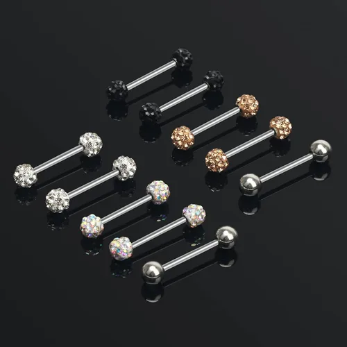 Miniatura 6 de CrazyPiercing 10 anillos de lengua CZ 16G con barra de acero inoxidable recta 0551in de longitud