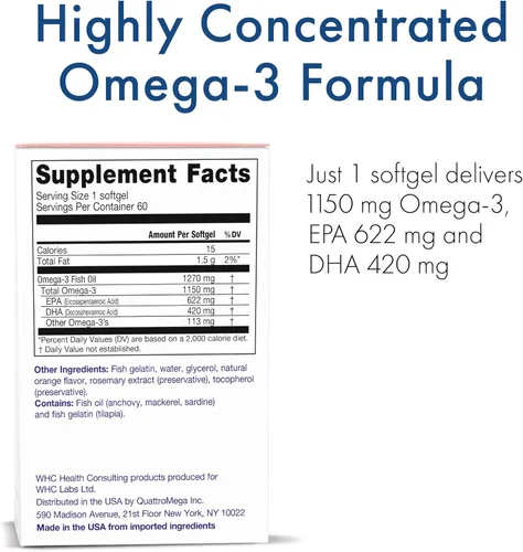 Miniatura 2 de WHC, Aceite de pescado UnoCardio X2, ácidos grasos triglicéridos omega-3, 1270 mg de suplemento de aceite de pescado