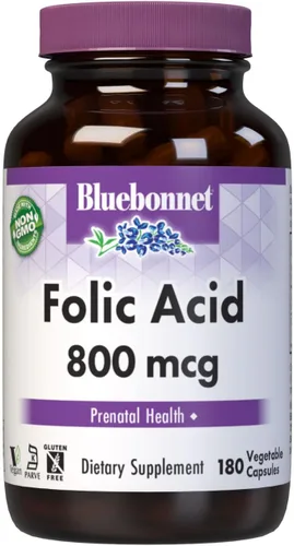 Bluebonnet Nutrición ácido fólico 800mcg, desarrollo neurológico saludable, sin soja, lácteos y gluten, sin OMG, certificado Kosher, vegano,