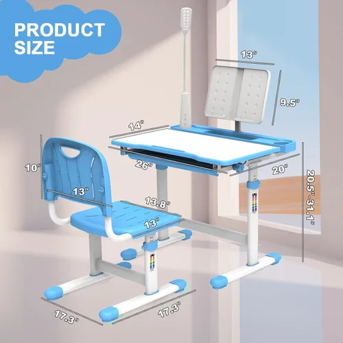 Miniatura 6 de BELANITAS Juego de escritorio y silla para niños, escritorio escolar de altura ajustable para niños, inclinable de 40 grados con 3 modos de luz