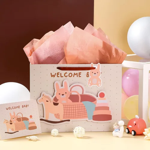 Miniatura 2 de LeZakaa Bolsa de regalo de conejo de 16 pulgadas con papel de seda, etiqueta de regalo y tarjeta, bolsa caqui con conejo en el baño y diseño de Bebé