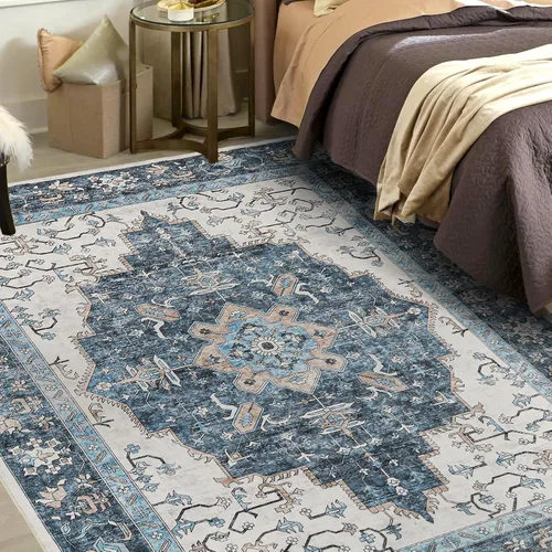 Miniatura 9 de Alfombra vintage lavable, de estilo bohemio, de 6 x 9 pies, para sala de estar, dormitorio, cocina, suave, antideslizante, plegable