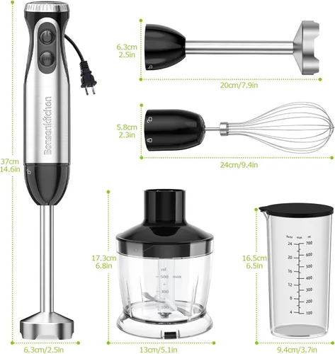 Miniatura 7 de Bonsenkitchen Batidora de inmersión de mano con procesador de alimentos, batidora de mano de 20 velocidades con modo turbo, hoja de acero