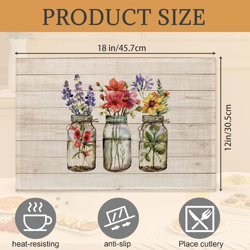 Miniatura 2 de Juego de 6 manteles individuales de flores, lavables, resistentes al calor, de 12 x 18 pulgadas, manteles individuales de lino con estampado floral