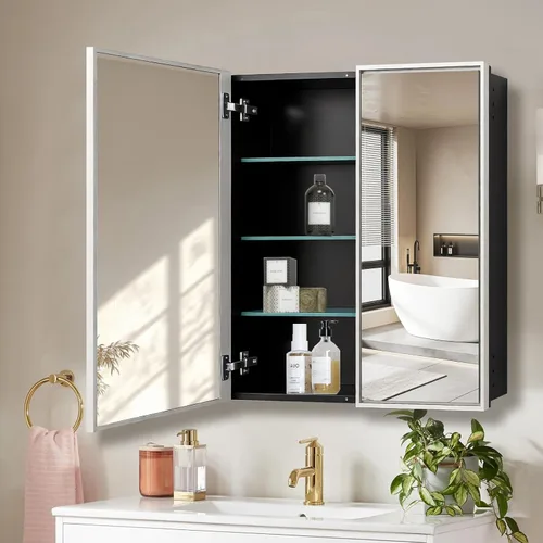Miniatura 16 de Botiquín de baño de 16 x 20 pulgadas con espejo con marco dorado, gabinete de almacenamiento empotrado o de montaje en superficie, diseño rústico