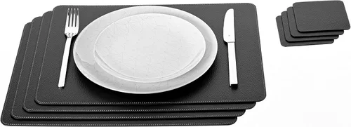 Nikalaz Juego de 4 manteles individuales y 4 posavasos pequeños negros hechos de cuero reciclado, manteles individuales (15.7 x 11.8 pulgadas y