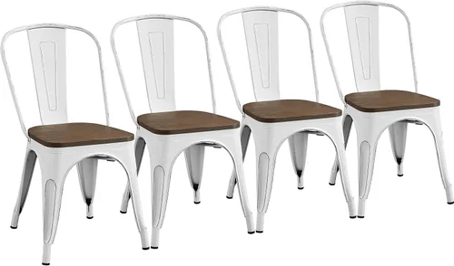 Miniatura 10 de Yaheetech Juego de 4 sillas de comedor de metal, sillas de patio apilables con marco de metal y respaldo para Blanco gastado