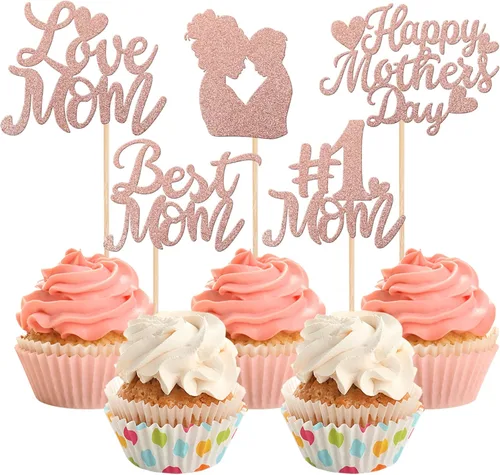 Miniatura 8 de Rsstarxi Paquete de 30 adornos dorados para cupcakes para el Día de la Madre con purpurina para el Día de la Madre, la mejor mamá del mundo
