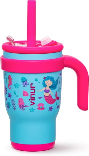 Miniatura 38 de VINUR Vaso para niños con asa - 14 oz de acero inoxidable con aislamiento al vacío de doble pared con tapa y pajita, vaso de agua de viaje