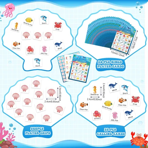 Miniatura 2 de Liliful Tarjetas de juego de bingo de animales del océano para niños, 24 tarjetas de bingo de mar, juego temático del océano para fiestas bajo