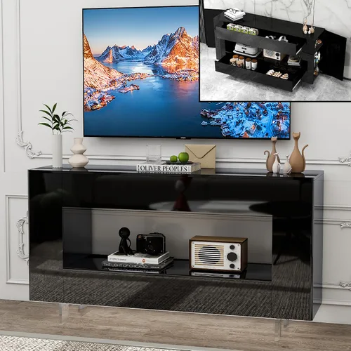 Miniatura 14 de Mueble de TV de alto brillo con 2 cajones grandes y puertas abiertas, moderno mueble de almacenamiento para consola de TV para sala de estar, Negro