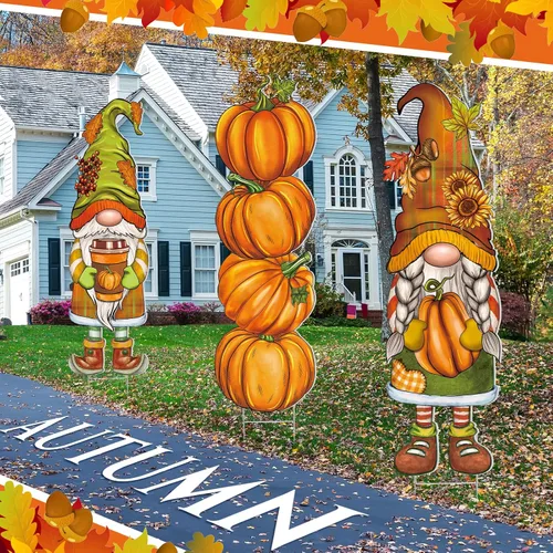 Miniatura 5 de Umigy 3 piezas de gnomo de otoño para decoración de patio con estacas de 32 x 10 pulgadas, decoración de jardín de otoño exterior para el hogar