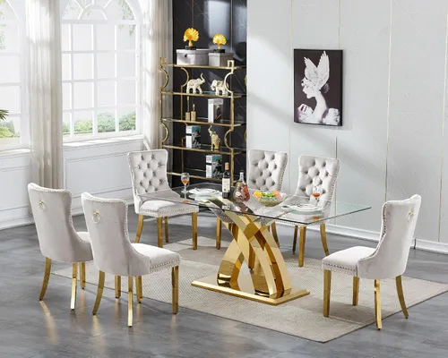 Miniatura 24 de Juego de mesa de comedor de cristal plateado moderno de 70 pulgadas para 4, juego de mesa de comedor rectangular de 5 piezas con patas de acero