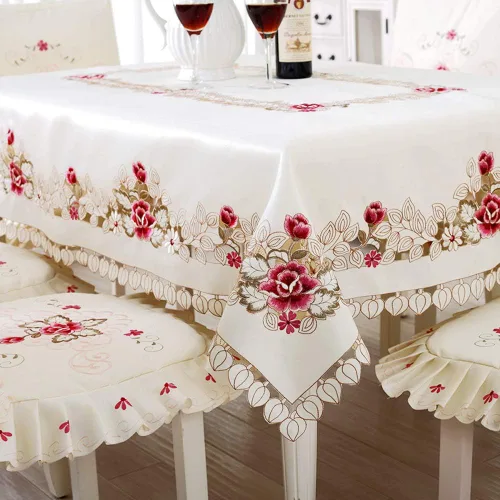 Miniatura 7 de LeLehome - Mantel de encaje bordado con flores cafés, color crema y beige, diseño clásico y tela que no se arruga para mesa de comedor