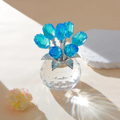 Miniatura 4 de Figura de cristal de rosa azul lago con jarrón, ramo de flores, adorno de regalo para esposa, novia, mujer, flor de cristal hecha a mano, decoración