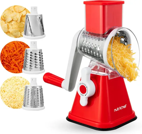 Miniatura 9 de Nutrichef Rallador y triturador de queso 3 en 1 Base de succión fuerte, mango giratorio con bloqueo de seguridad Incluye manivela y 3 cuchillas