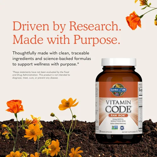 Miniatura 6 de Suplemento de hierro crudo Garden of Life Vitamin Code Raw - 30 cápsulas veganas, hierro de 22 mg una vez al día, vitaminas C, B12, ácido fólico