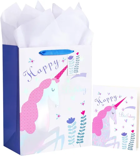 WRAPAHOLIC Bolsa de regalo de cumpleaños grande de 13 pulgadas con tarjeta y papel de seda, adorable unicornio con lámina plateada holográfica