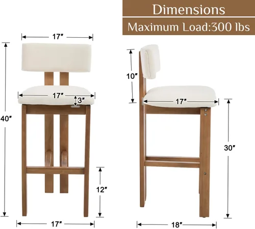Miniatura 2 de Shunzhi Juego de 2 taburetes de bar tapizados de felpilla blanca con respaldo/patas de madera maciza, modernas sillas de bar altas para isla