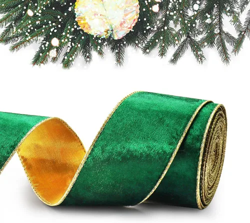 Miniatura 7 de 2 rollos de cintas de terciopelo rojo y verde de Navidad de 2.5 pulgadas x 5 yardas para manualidades, cinta de borde con alambre de Navidad