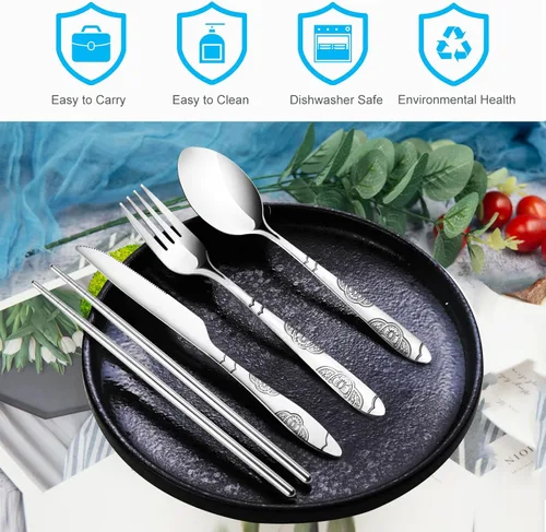 Miniatura 3 de lengnoyp - Juego de 20 utensilios de viaje de alta calidad con estuche, utensilios portátiles reutilizables de acero inoxidable con estuche, juego